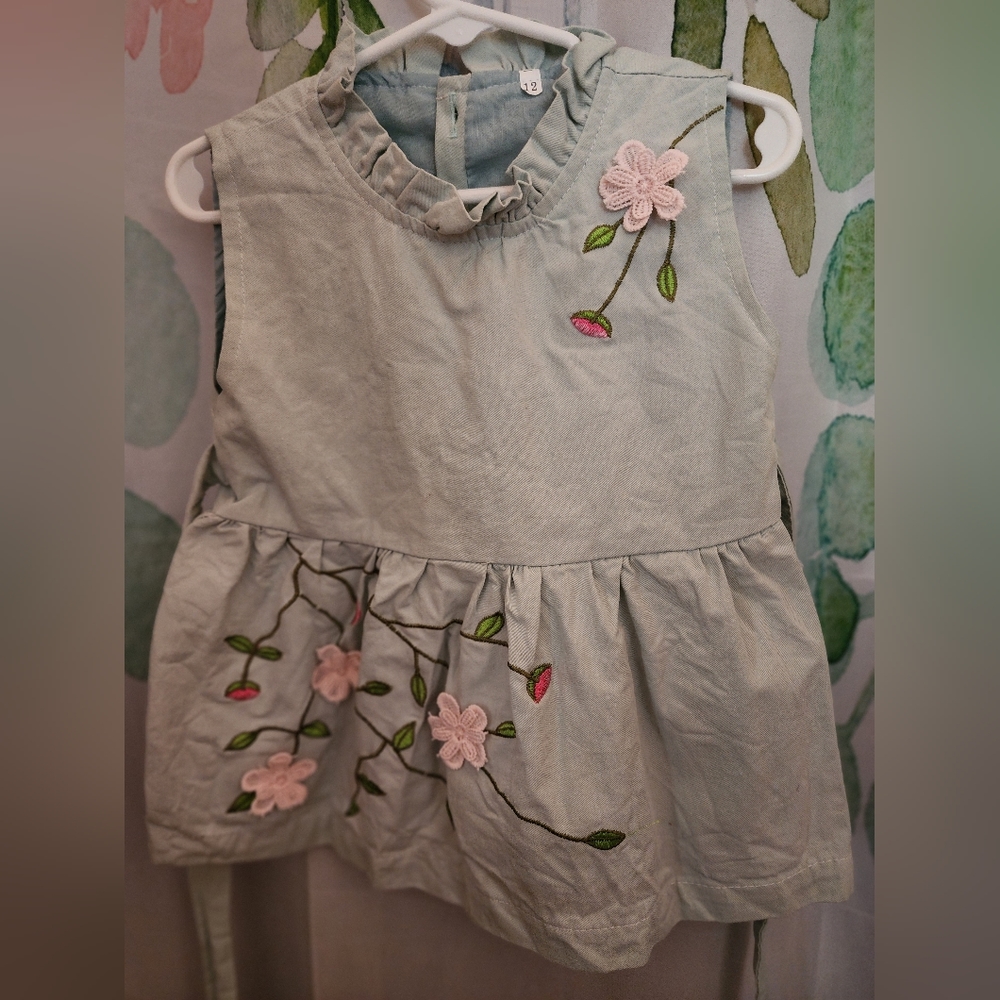 Green cotton linen boutique dress pink flowers tie back sz 2T excellent conditio